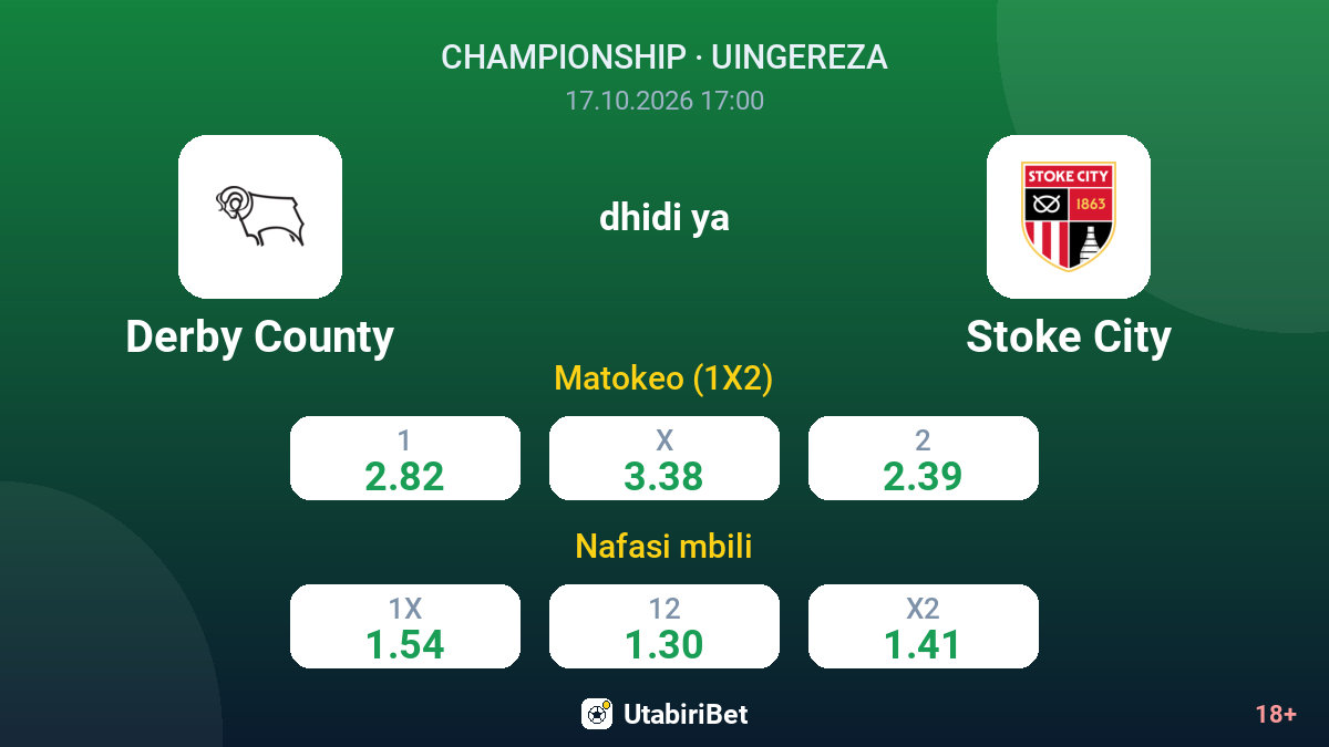 Derby County vs Stoke City — odds