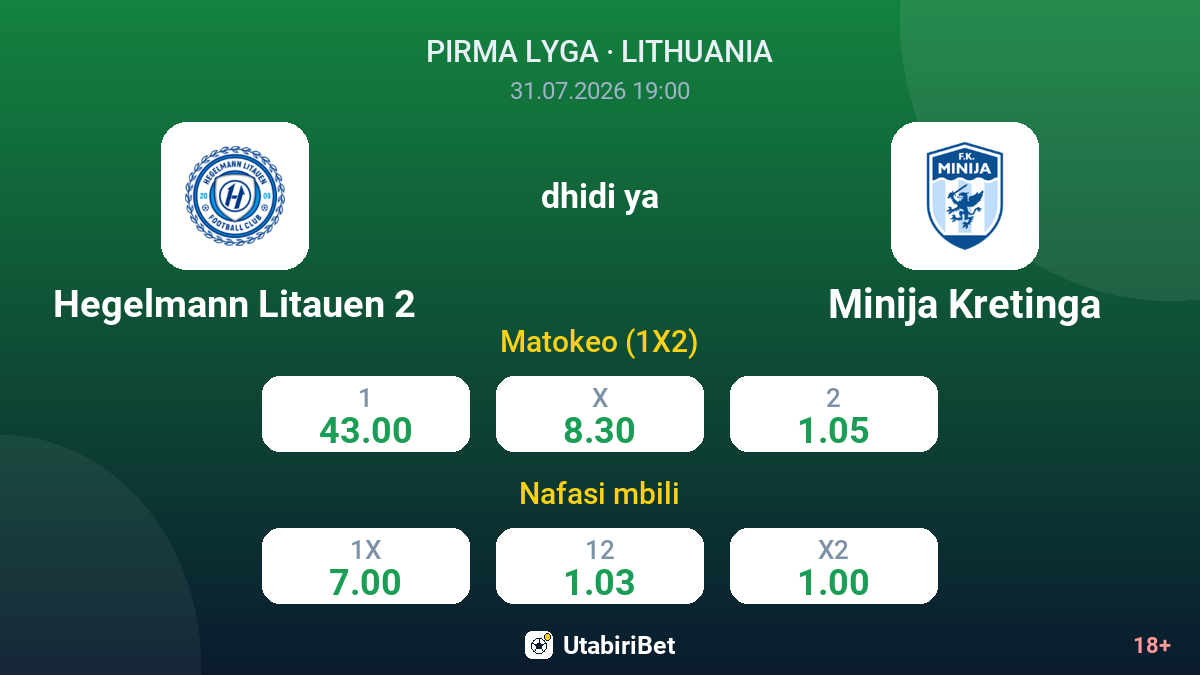 Hegelmann Litauen 2 vs Minija Kretinga — odds